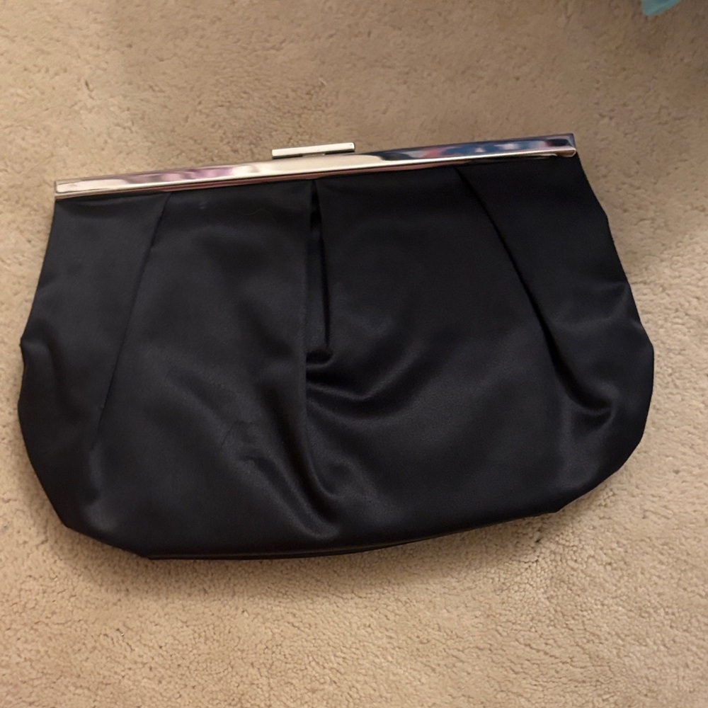Banana Republic Black Satin Clutch with Silver-Tone Frame